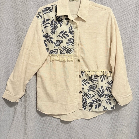 Pobyum Park Cream and Blue Leaf Print Button-Up Shirt - Picture 3 of 9